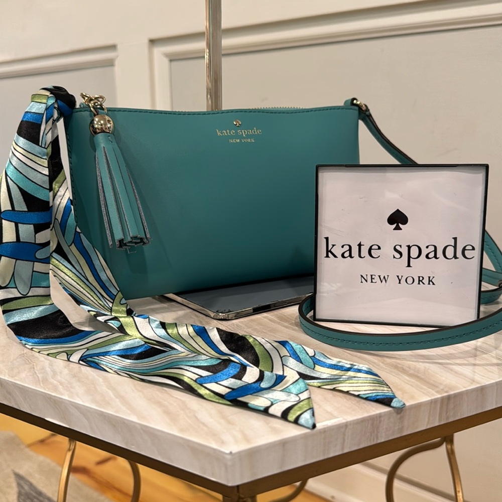 kate spade Teal Crossbody with Patterned Scarf and Tassel